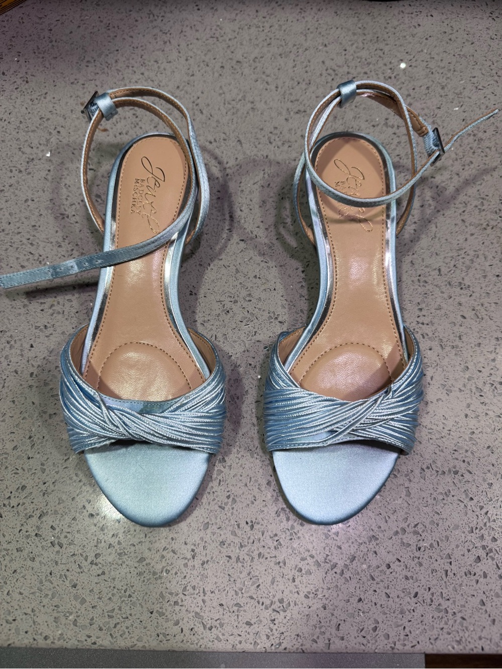 Jewel Badgley Mischka Metallic Light Blue Satin Ankle-Strap Heels
